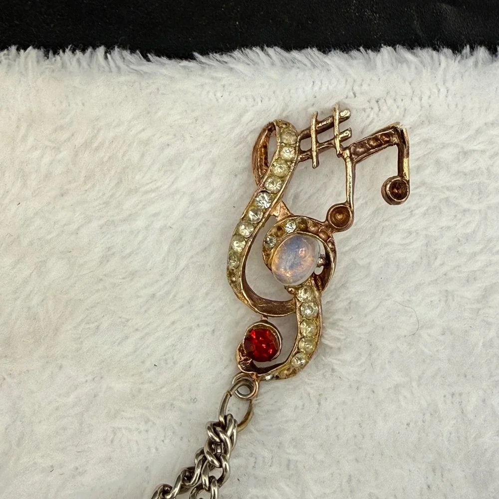 Vintage Chatelaine Brooch Mandle? Musician Gold Tone Rhinestone Music Note